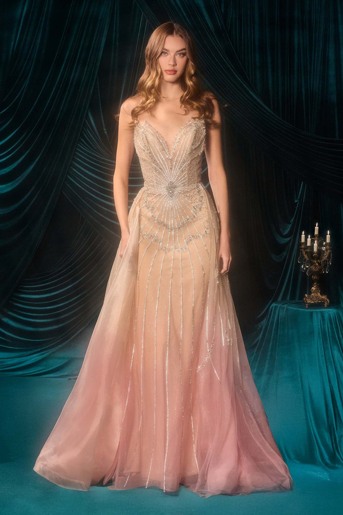 Champagne/blush, front: Front view of Andrea & Leo A1508 champagne-to-blush ombre gown with beaded detailing and a sheer overskirt.