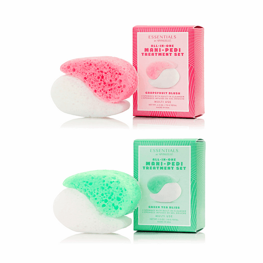 Manicure and pedicure treatment set with sponges and packaging on a white background