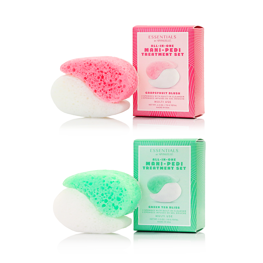 Manicure and pedicure treatment set with sponges and packaging on a white background
