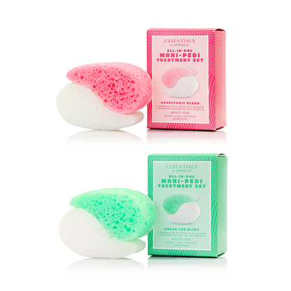 Manicure and pedicure treatment set with sponges and packaging on a white background
