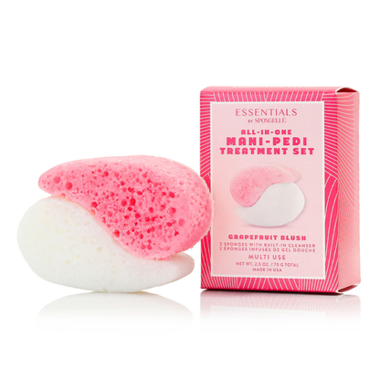 Pink and white mani-pedi treatment set with packaging on a white background