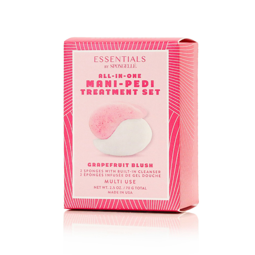 Pink packaging of Essentials by Origins All-in-One Mani-Pedi Treatment Set on a white background