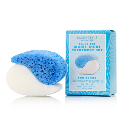Manicure and pedicure treatment set with blue sponge and packaging on a white background