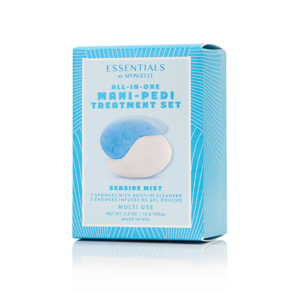 Manicure and pedicure treatment set packaging with blue and white design on a white background
