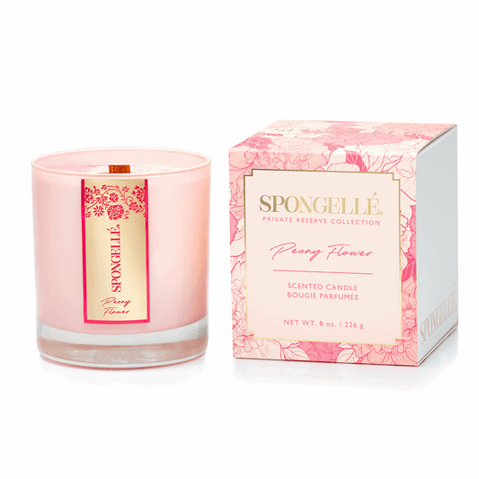 Peony Flower scented candle in a pink glass container with a floral box packaging, labeled Spongellé.