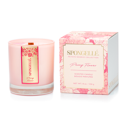 Peony Flower scented candle in a pink glass container with a floral box packaging, labeled Spongellé.
