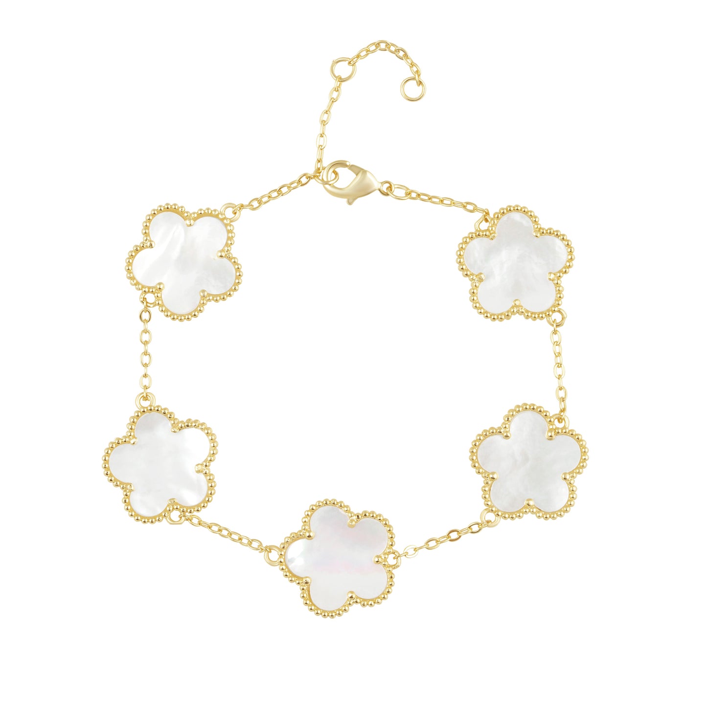 A gold chain bracelet featuring five alternating white mother-of-pearl clover-shaped links with gold borders, displayed on a clean white background.