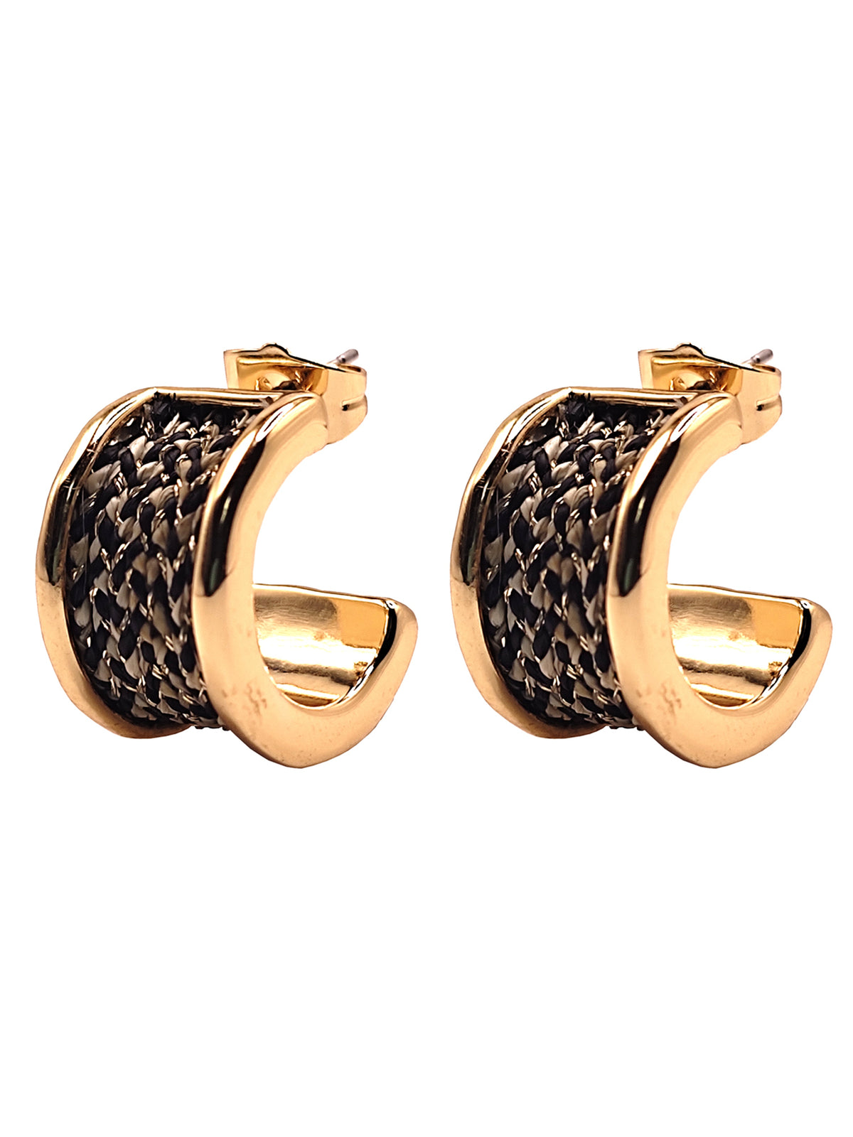 Pair of gold hoop earrings with textured design on a white background