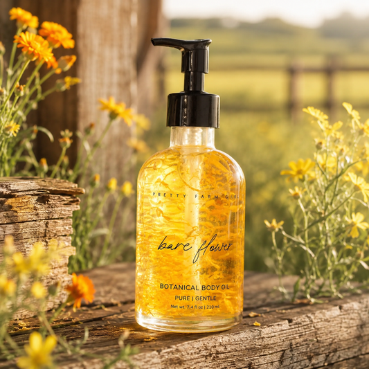 One glass pump bottle of yellow Bare Flower Botanical Body Oil by PRETTY FARM GIRL on a wood beam with yellow flowers.