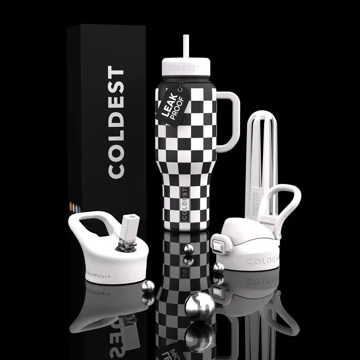 Checkered water bottle with accessories on a reflective surface, 'Coldest' branding visible.