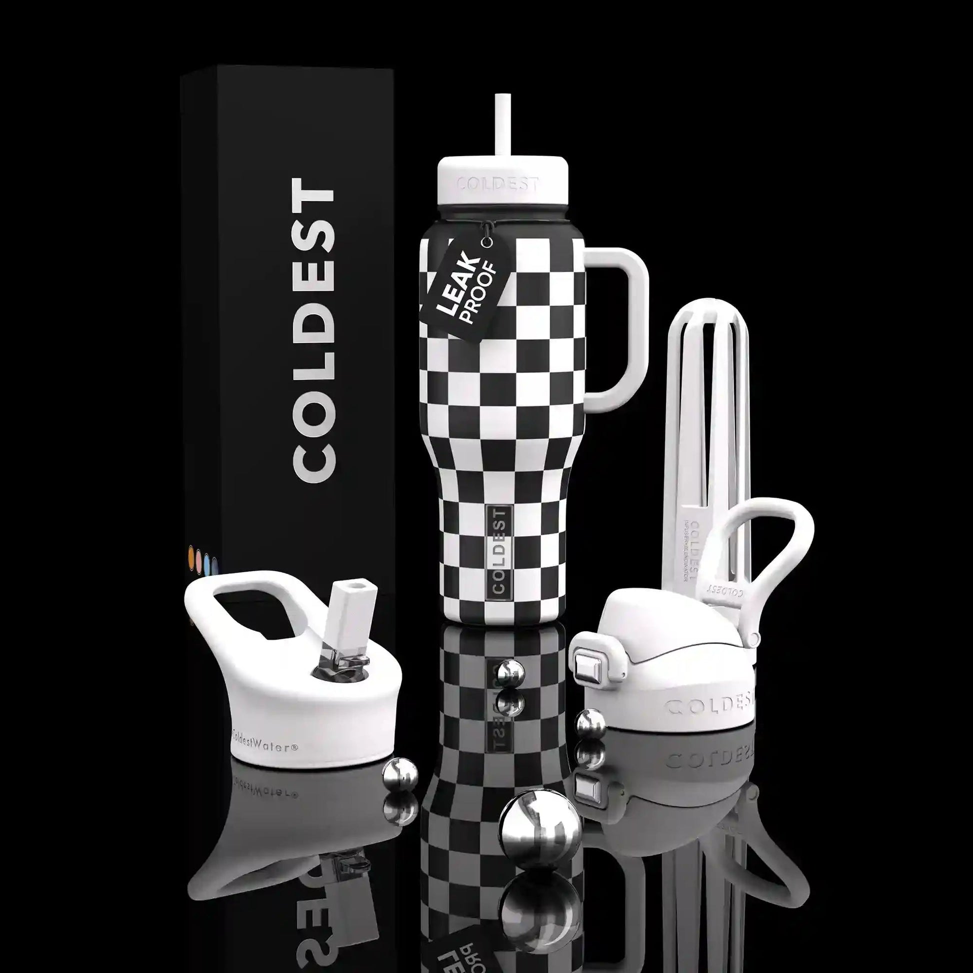 Checkered water bottle with accessories on a reflective surface, 'Coldest' branding visible.