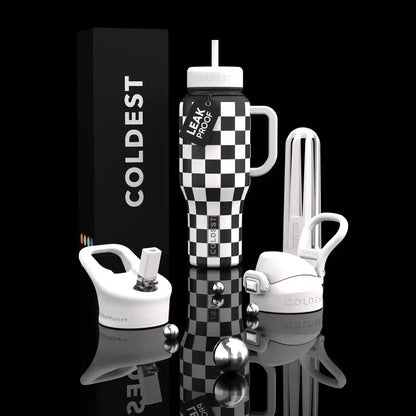 Checkered water bottle with accessories on a reflective surface, 'Coldest' branding visible.