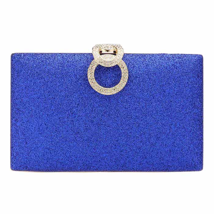 Blue clutch bag with a gold ring clasp on a white background