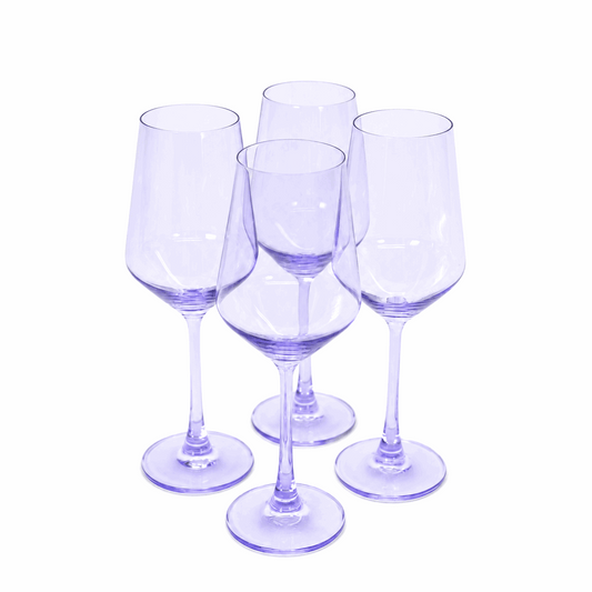 Four purple tinted glass wine glasses with tall stems and tapered bowls arranged in a cluster on a white background.