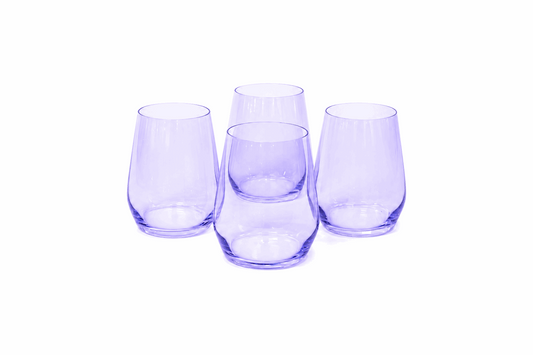 Four purple stemless glass wine cups arranged in a cluster on a white background.