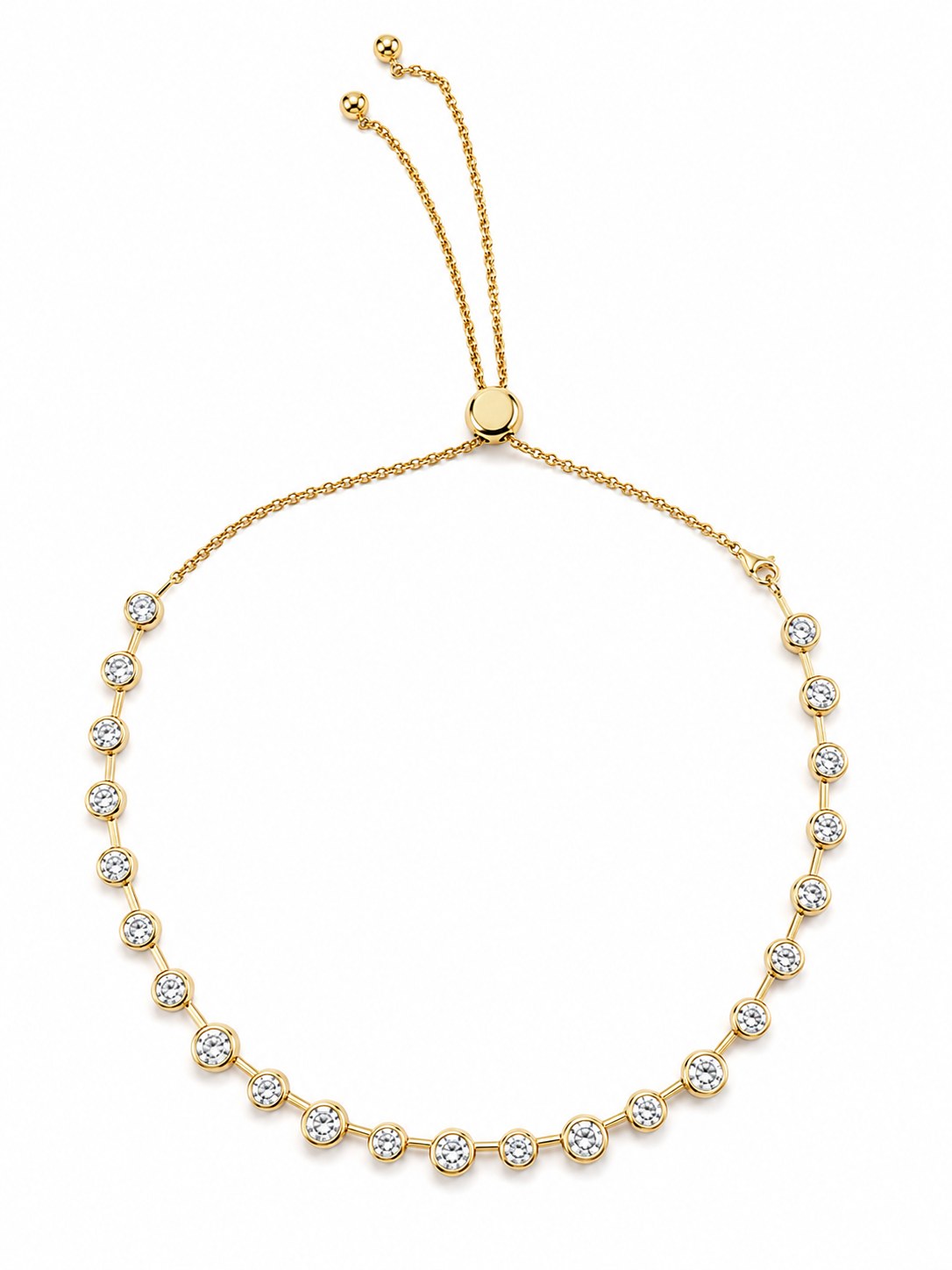 Gold Lora necklace with round bezel-set cubic zirconia stones and an adjustable slider chain on a white background.