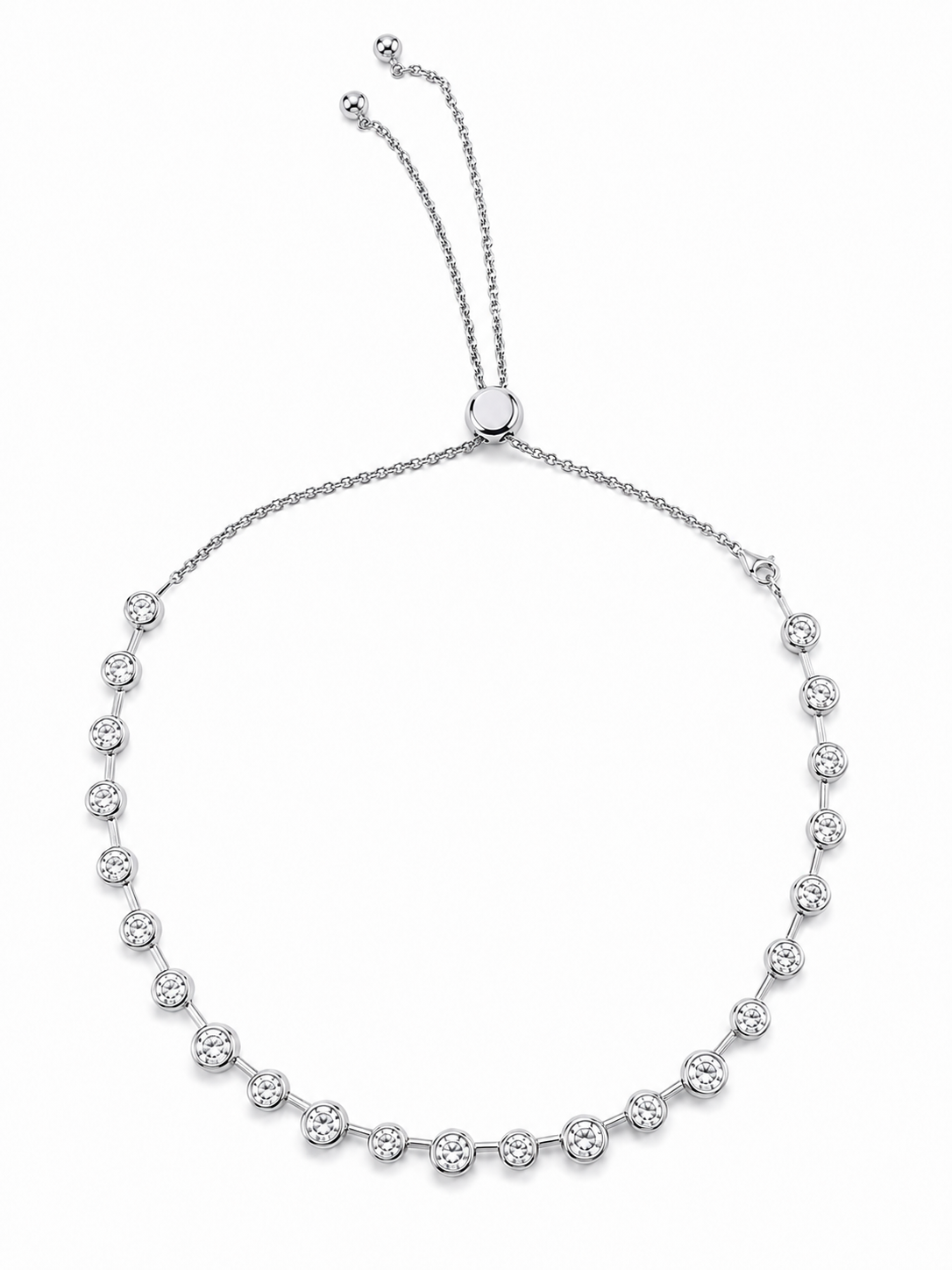 Silver Lora necklace with round bezel-set cubic zirconia stones and an adjustable slider chain on a white background.