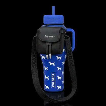 Coldest water bottle in blue with white dog patterns, featuring a black mini backpack and strap.