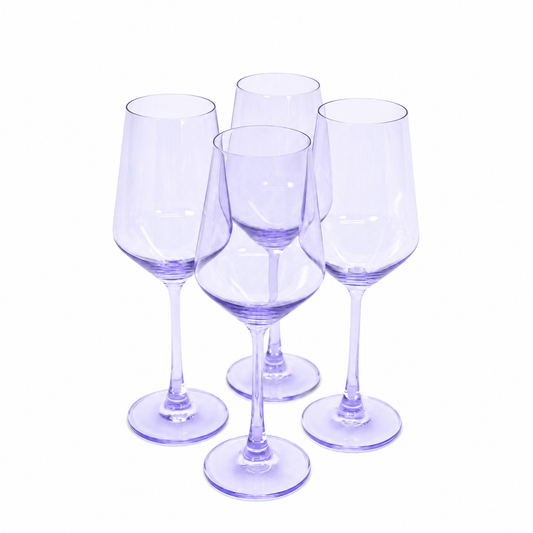 Four purple tinted glass wine glasses with tall stems and tapered bowls arranged in a cluster on a white background.