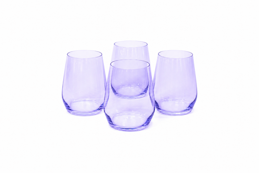 Four purple stemless glass wine cups arranged in a cluster on a white background.