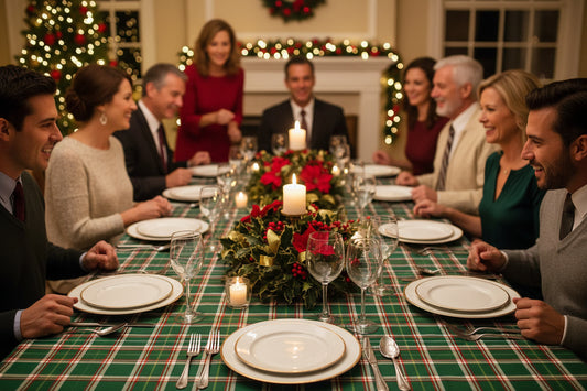 A green and red plaid/tartan table cloth on a dining table with family sitting around the table.