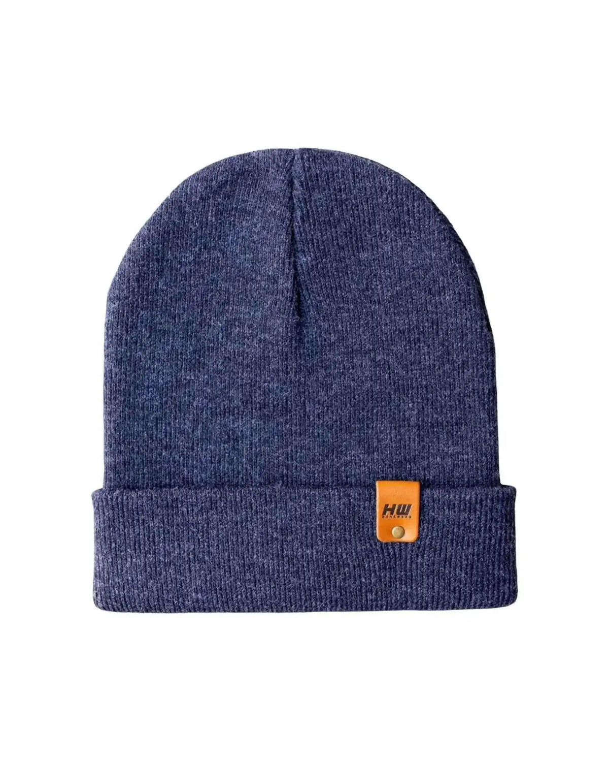 Blue beanie with an orange label on a white background