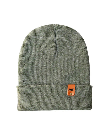 Gray beanie with an orange logo patch on a white background