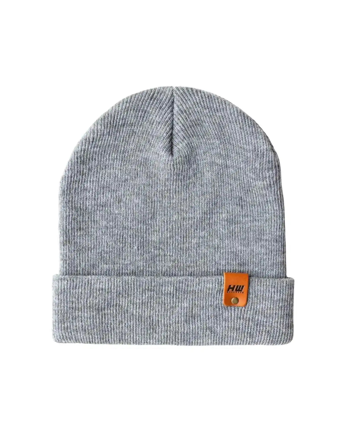 Gray beanie with a brand logo on a white background