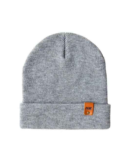 Gray beanie with a brand logo on a white background