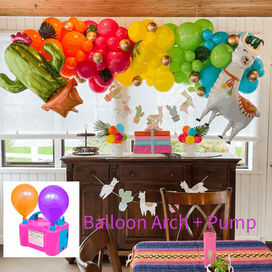 Colorful balloon arch with a horse and cactus balloon, table with decorations, and inset of a balloon pump.