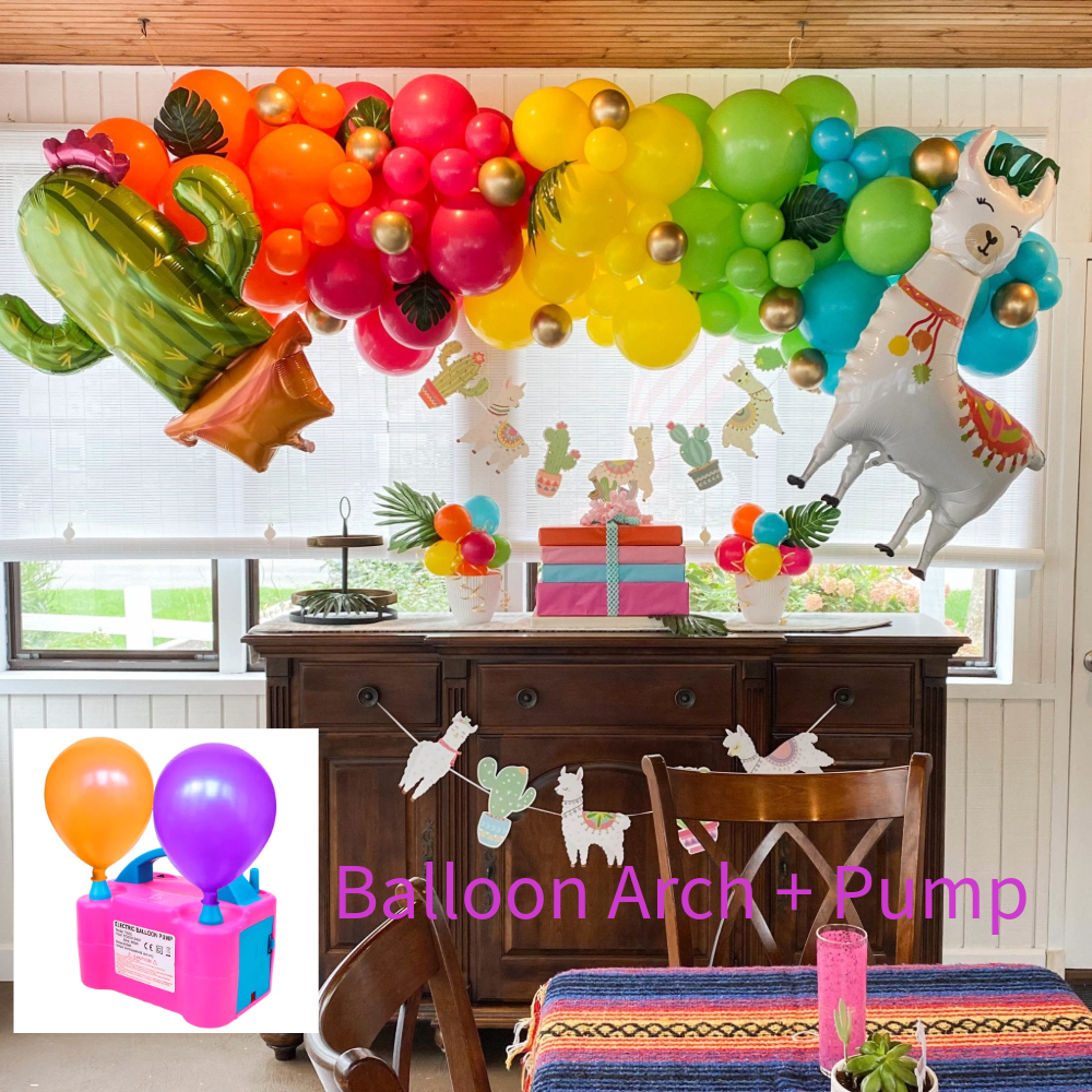 Colorful balloon arch with a horse and cactus balloon, table with decorations, and inset of a balloon pump.