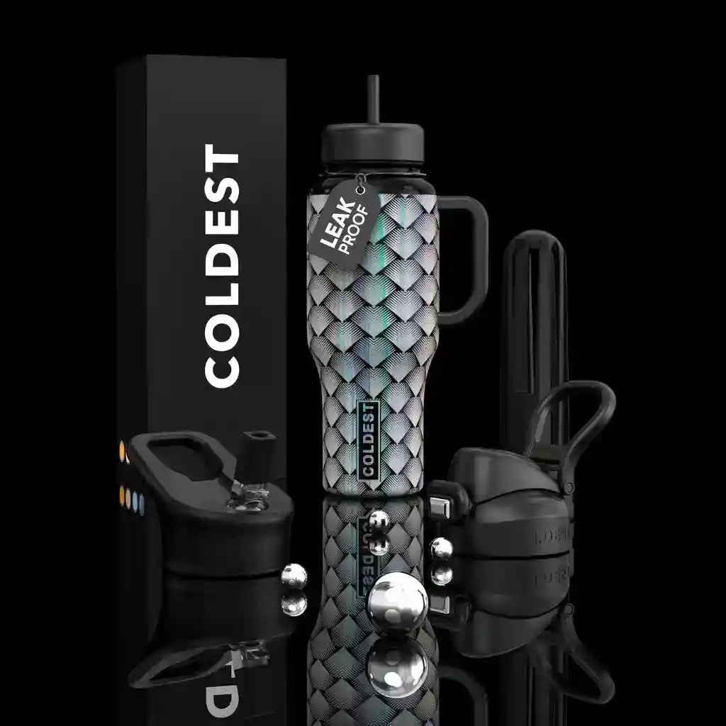 Leak-proof water bottle with patterned design, black box labeled 'COLDEST', and additional accessories on a reflective surface.
