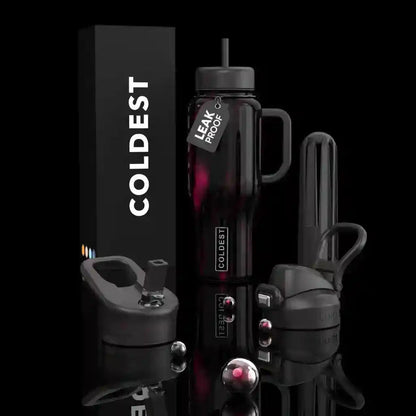 Black insulated mug with 'COLDEST' branding on a reflective surface.