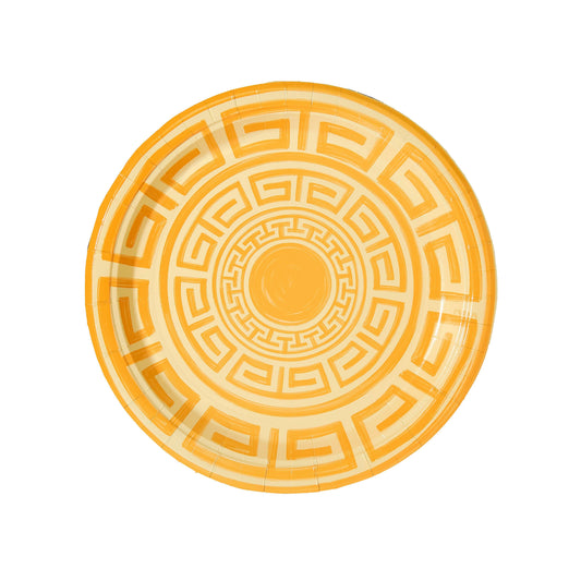 Round yellow paper plate featuring golden Greek key patterns in concentric circles.