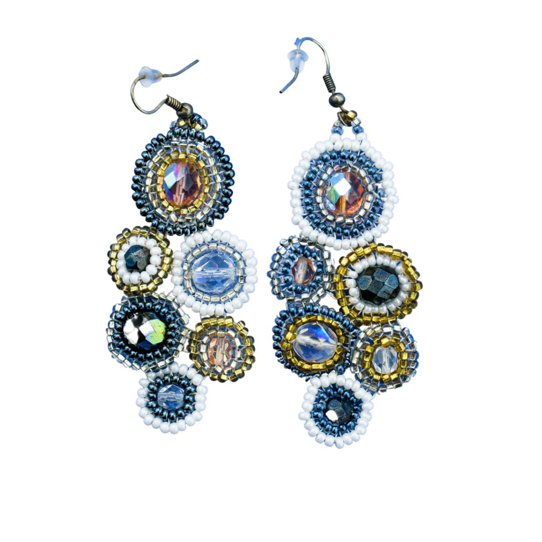 Multicolored beaded earrings on a white background