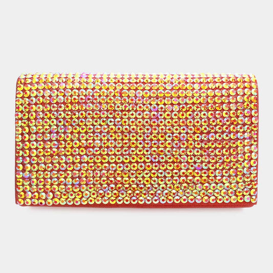 Sparkly clutch bag with rhinestones on a white background