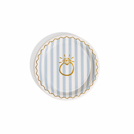 Round paper plate with blue and white stripes, a gold scalloped border, and a gold diamond ring illustration.