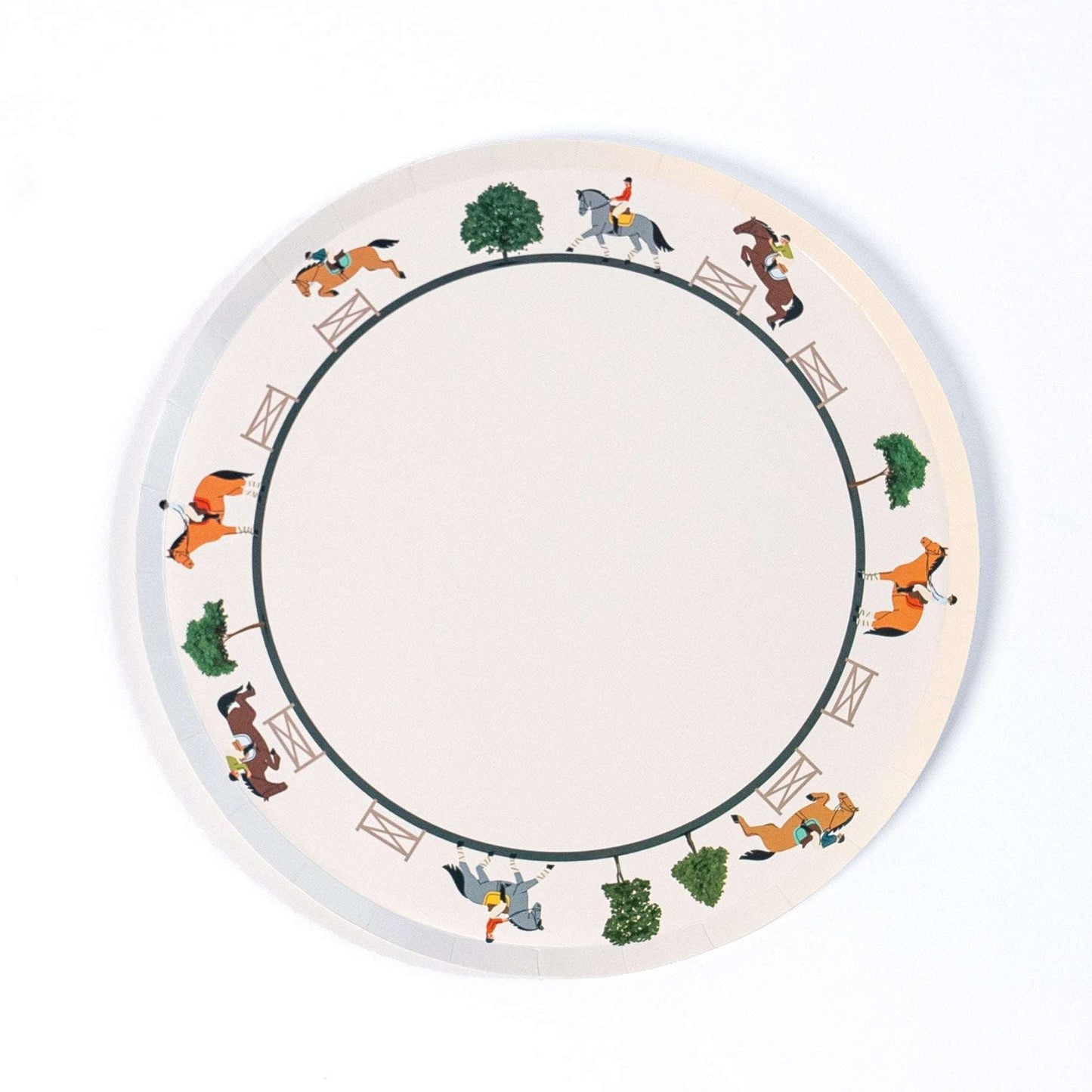 Round plate with horse and rider illustrations on a white background