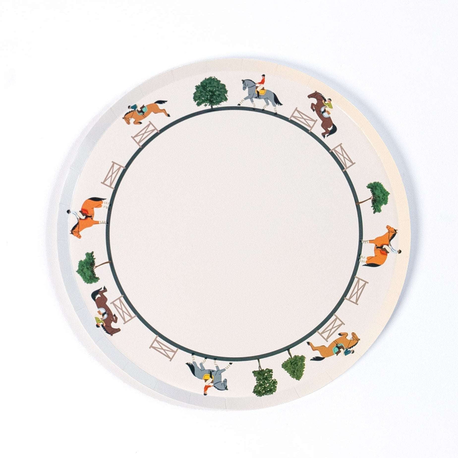 Round plate with horse and rider illustrations on a white background