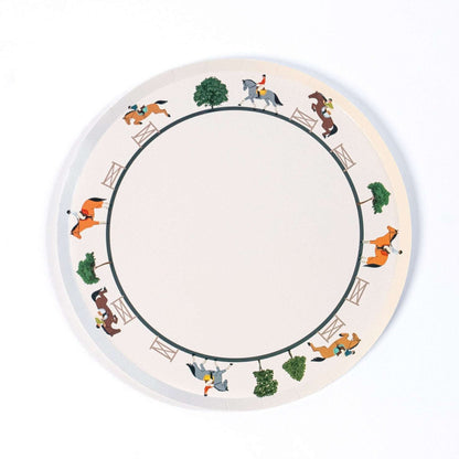 Round plate with horse and rider illustrations on a white background