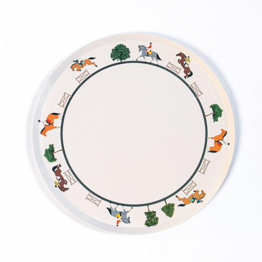 Round plate with horse and rider illustrations on a white background