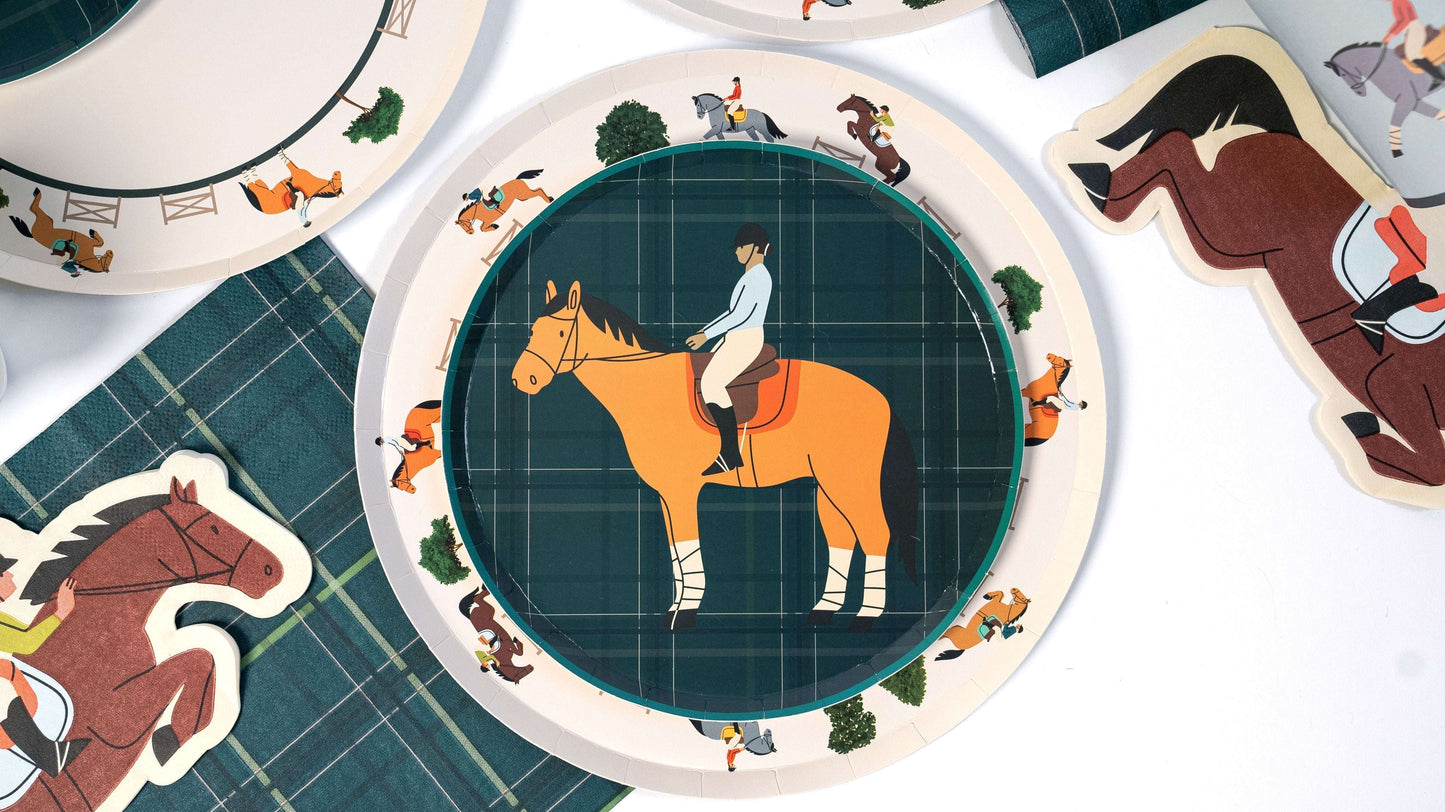 Decorative plate with a horse and rider design on a checkered surface