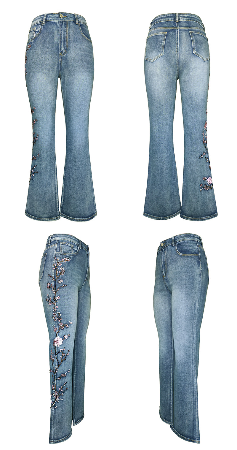 Four views of light blue denim flare jeans with floral embroidery down the front of the legs, shown on a plain white background.