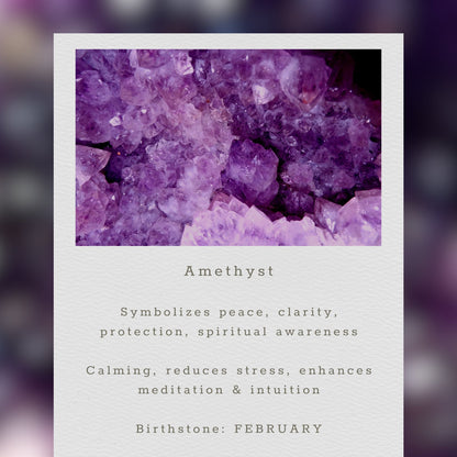 Amethyst crystal cluster with descriptive text on a blurred purple background