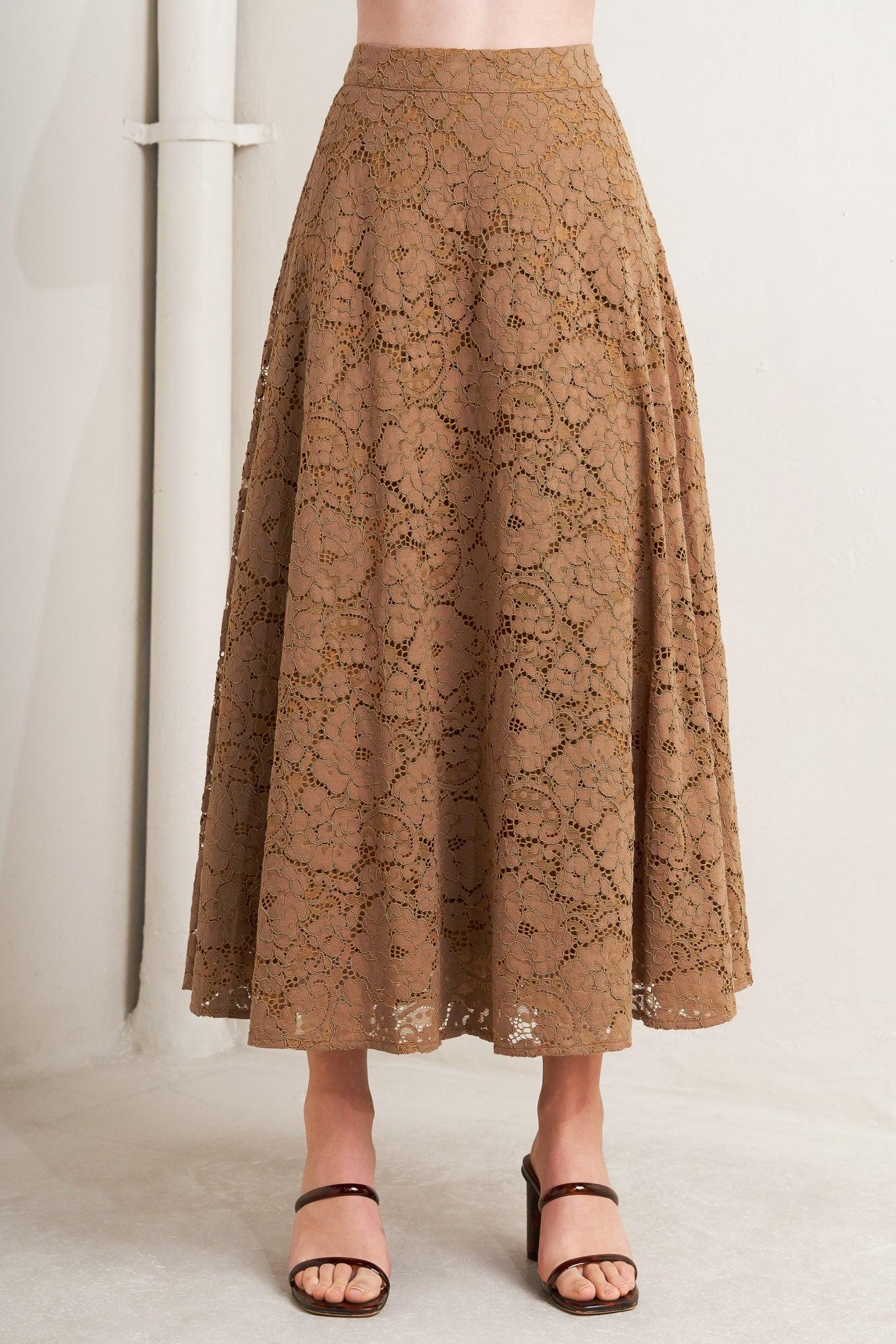 Purely Romantic Woven Lace Midi Skirt – Fully Lined Lace Circle Skirt with Back Zipper