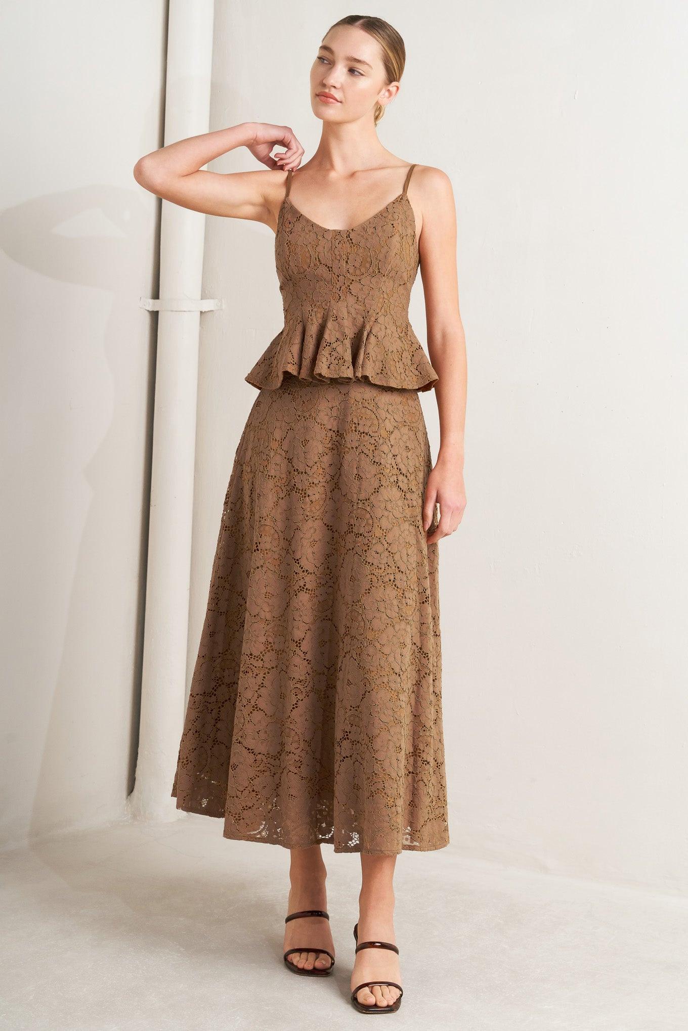 Purely Romantic Woven Lace Midi Skirt – Fully Lined Lace Circle Skirt with Back Zipper