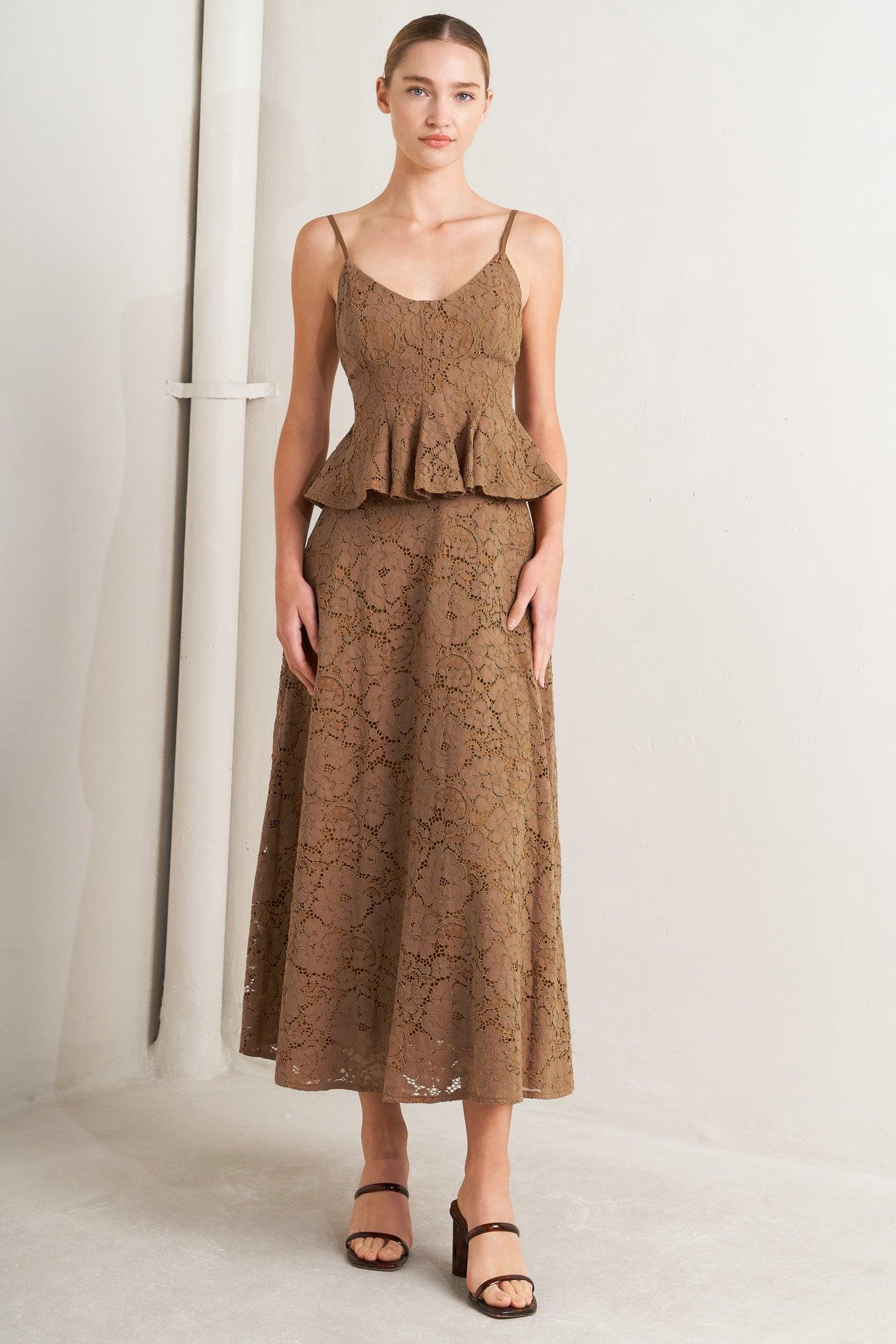 Purely Romantic Woven Lace Midi Skirt – Fully Lined Lace Circle Skirt with Back Zipper