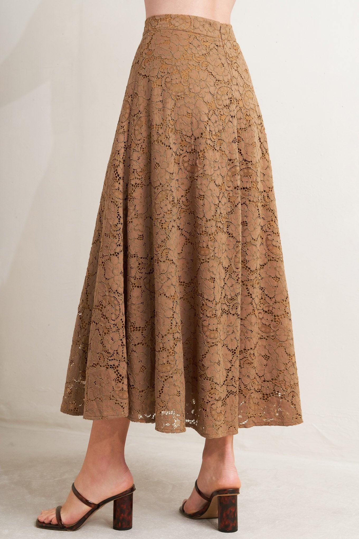 Purely Romantic Woven Lace Midi Skirt – Fully Lined Lace Circle Skirt with Back Zipper