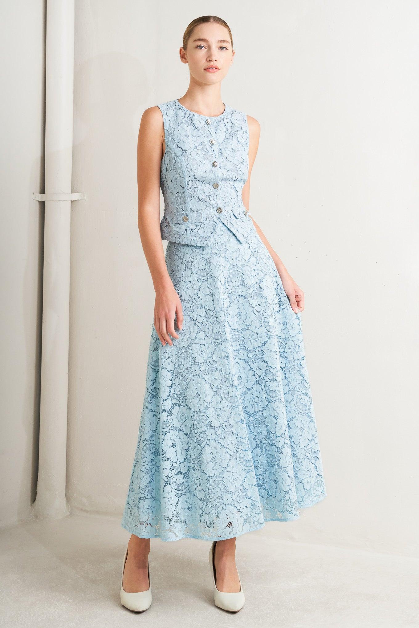 Purely Romantic Woven Lace Midi Skirt – Fully Lined Lace Circle Skirt with Back Zipper