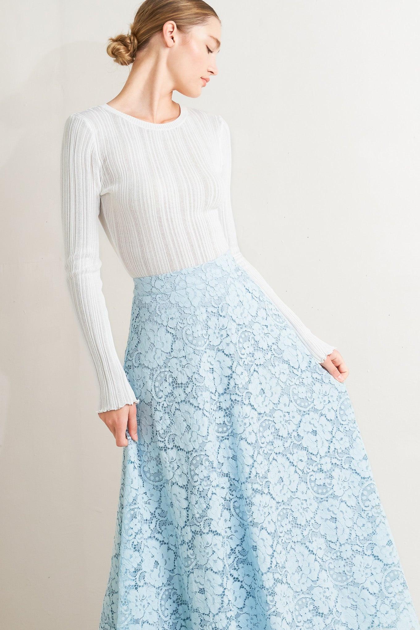 Purely Romantic Woven Lace Midi Skirt – Fully Lined Lace Circle Skirt with Back Zipper